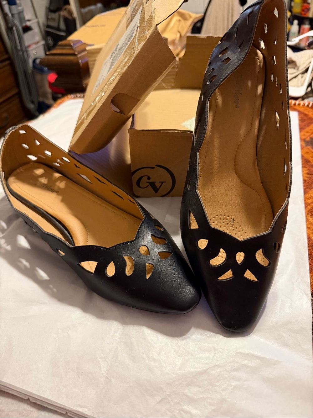 Comfortview Black Laser-Cut Slip-On Ballet Flats - Size 11W